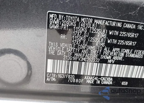 2021 Toyota Rav4 Le z USA, uszkodzony, nr VIN 2T3G1RFV3MC252332